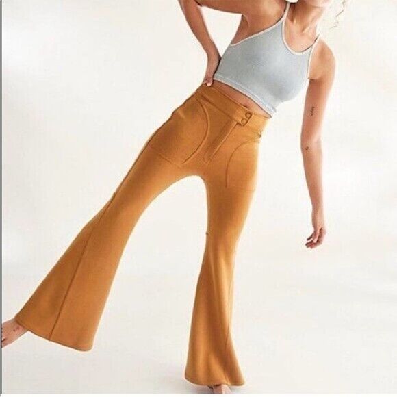 Free People Movement Light Heart Pant Womens 4 Mustard Yellow Bell Bottom Flare